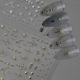 2 Sheet Gold Moon Star Nail Art Stickers Bronzing Nail Stickers for Nail Art 5D Self-Adhesive Luxury Nails Decals for Women Girls Manicure Decoration