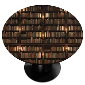 SEEKJOYS Library Bookshelf Pattern Round Fitted Table Cover with Elastic Edged Waterproof Wipeable Table Cloth 36"- 42" for Outdoor Patio Kitchen Dining （Bookshelf）