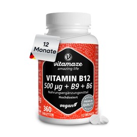 Vitamin B12 500 mcg High Dose, 360 Tablets for 1 Year with 375 mcg Vitamin B9 Folic Acid + Vitamin B6, Natural Dietary Supplement without Additives, Made in Germany