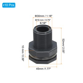 PATIKIL PVC Bulkhead Fitting G 1/2, 10 Pcs Double Threaded Bulkhead Water Tank Connector with PVC Seal Gasket for Rain Bucket, Sinks, Aquariums, Grey