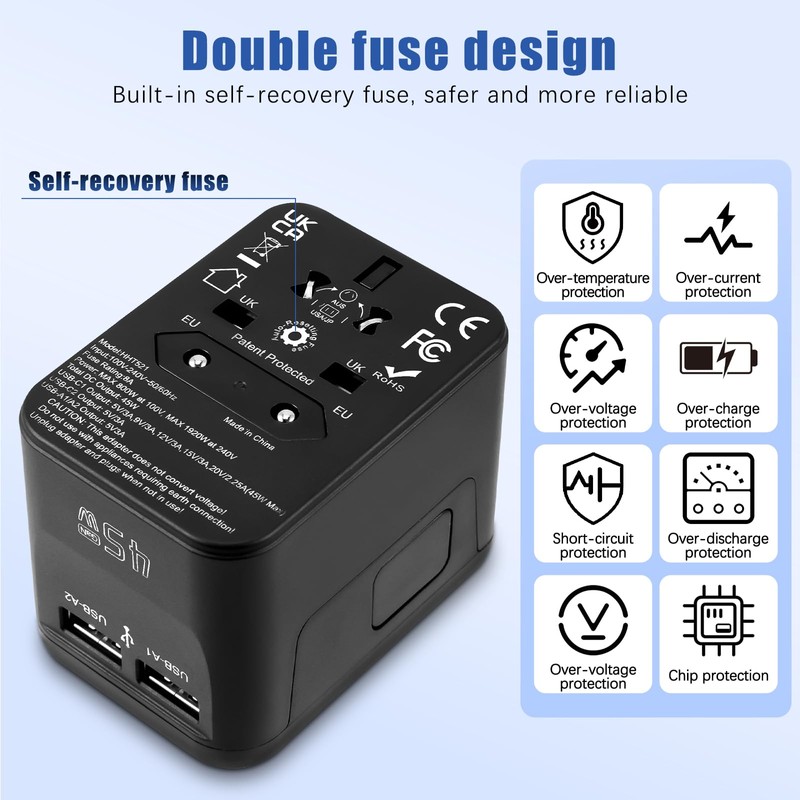 45 W GaN Travel Adapter Worldwide with 2 USB A