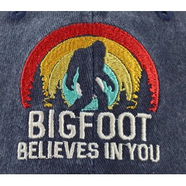 Bigfoot Believes in You Hat, Embroidered Adjustable Wash Retro Cotton Denim Big Foot Sasquatch Baseball Cap, Navy, One Size
