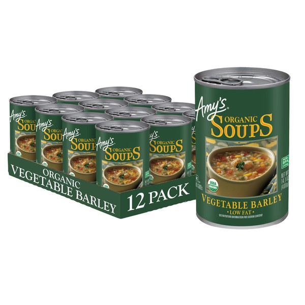 Amy’s Soup, Vegan Vegetable Barley Soup, Low Fat, Made With Organic Tomatoes, Carrots and Celery, Canned Soup, 14.1 Oz (12 Pack)