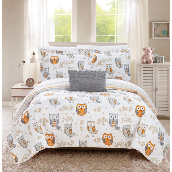 Chic Home Farm 4 Piece Reversible Quilt Set Cute It's A Hoot Owl Friends Youth Design Bed in a Bag-Decorative Pillow Shams Included, Full, Grey