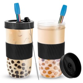 Esilihom Bubble Tea Cup, 2 Pack Reusable Bubble Tea Cup with Straw and Lids, 730ml/24oz Smoothie Cups, Wide Mouth Leakproof Cups for Boba Ice Tea Coffee Drinks（Black）