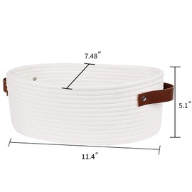 ABenkle Small Woven Basket, Cute Small Basket, Rope Room Shelf Storage Basket, Cat Dog Toys Basket Chest Box, Empty Decorative Gift Basket with Leather Handles, 11.4"x 7.48" x 5.1"