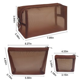 Aosbos 3-Piece Quick-Dry Mesh Cosmetic Bag Set | Transparent Travel Makeup Bag with Zipper | Toiletry Organizer for Women (3 Sizes) Brown