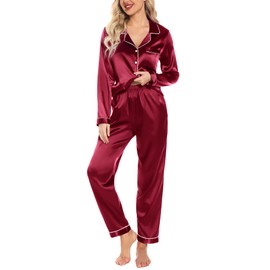 Pjmlifecoco Satin Pajamas Women Long Sleeve Sleepwear Silk Soft Button Down Loungewear Pjs Set Wine Red