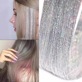 1200 Strands Hair Tinsel, 47 Inches Glitter Tinsel Hair Extension, Sparkling Shiny Colored Hair Accessories for Women Girls Festival Party Cosplay, Rainbow Straight Hair Tinsel Kit(Silver)