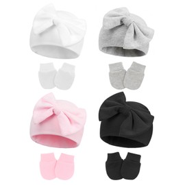 ZURLEFY Baby Girl Hats and Mittens Set for 0-6 Months, Newborn Hospital Hats with Bow for Infant Baby No Scratch Cotton Mittens Set(31G-12)