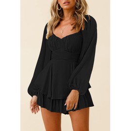 Fixmatti Women Summer Boat Neck Long Sleeve Romper Ruffle Hem Chiffon One Piece Shorts Jumpsuit Black S