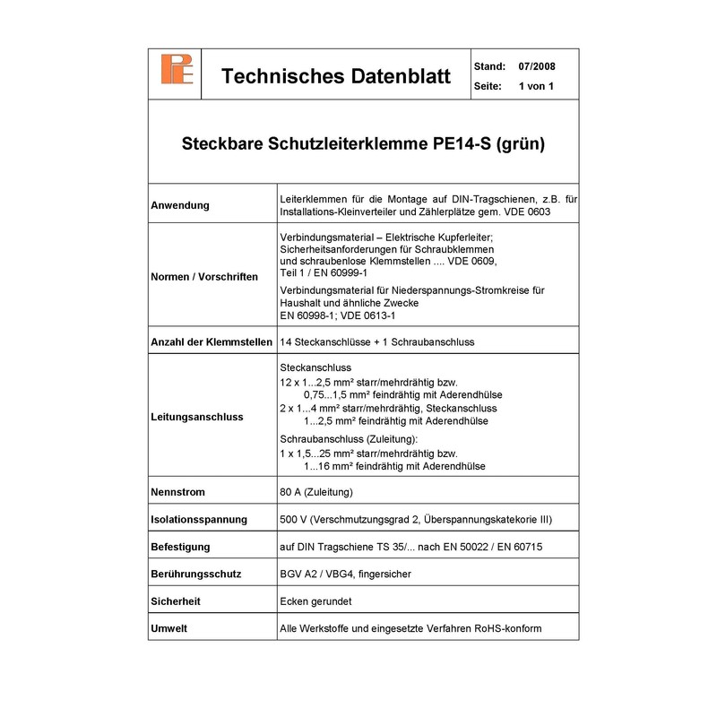 Pollmann Protective Conductor Terminal PE 14-S, Green, Pack of 1