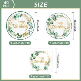 Eucalyptus Green Party Tableware Set, 40 Pieces Eucalyptus Leaf Party Plates, Birthday Decoration Party Tableware Set, Green Gold Baby Shower Paper Plates, Birthday and Children's Birthday Tableware