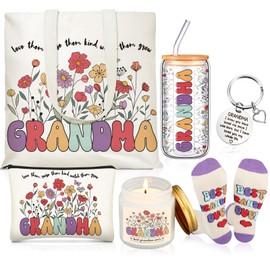 Funnymoom Grandma Gifts Ideas for Birthday, Best Grandma Gift from Granddaughter Grandchildren Grand kids, 17 oz Glass Cup Canvas Tote Bag for Women Birthday