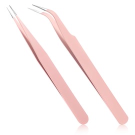 Guduling 2 Pcs Tweezers Lashes,Pink Crafting Tweezers,Stainless Steel Tweezer for Crafting,for Lash Extensions,Eyelashes Extension Applications,False Lashs Application Tools