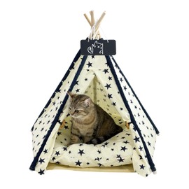 Pet Tent/Tipi for Cats & Dogs - Washable Canvas, Foldable Pet Teepee with Anti-Slip Base & Detachable Cushion | Indoor/Outdoor Safe Shelter for Pets Up to 66lbs-Beige