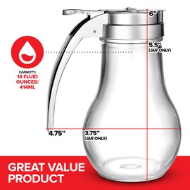 14 oz Glass Syrup Dispenser With No Drip Bottle for Maple Syrup, Honey, Pancake Mix, or Sugar - Dishwasher Safe Container With Metal Easy Pour Lid (414mL)