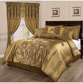 HNU 7 Piece Jacquard Comforter Set Cal King, Royal Look Beautiful Lux Floral Pattern Gold Bedding Bold Rich Soft Cozy Comfy, Bed Skirt Included