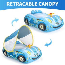 Toddler Pool Float with UPF50+ Adjustable Canopy Car Shaped Baby Swimming Float Infant Baby Floatie Boat for Kids 3+ Years（Blue Car）