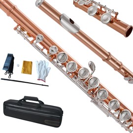 KAYATA Flute, Closed Hole C 16 Keys, Student Flute for Beginner to Advanced Player, with Cleaning Kit, Carry Bag, Strap, Probe Rod, Gloves, Silver Plated Keys, Rose Gold Body