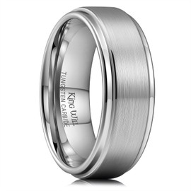 King Will 8mm Silver Tungsten Ring Wedding Band Step Edge Brushed Center Aniversary Rings Size 9