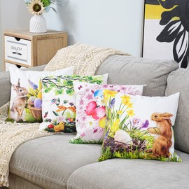 Easter Pillow Covers, 20x20 Easter Pillow Covers, Happy Easter Eggs Tree Bunny Rabbit Spring Flowers Decorative Throw Pillow Case Cushion Square for Sofa Couch Bed Office Car Home Decor
