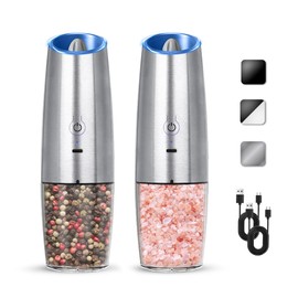 KIARYUOLL Rechargeable Electric Salt And Pepper Grinder Set, Automatic Gravity Electric Salt And Pepper Grinder Set, Adjustable Roughness, Led Light, 2 Pack, (Silver)