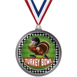 2.75" Turkey Bowl Award Medals, Silver Vega Turkey Bowl Team Trophy Awards Includes Free Neck Ribbon 5 Pack