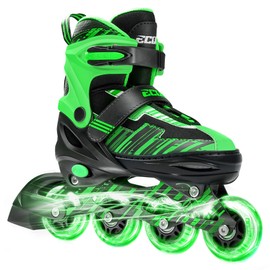 ECOO Adjustable Inline Skates Boys and Girls with Light up Wheels，Roller Skates for Kids Ages 4-12, Teen Skates for Beginner Outdoor and Indoor (Green & Black, Large-Youth（3-6 US）)