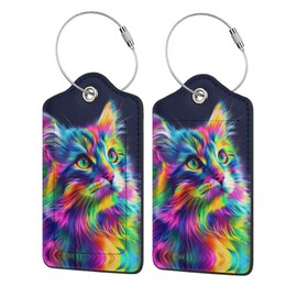 Colorful Cat 2 Pack Luggage Tag for Suitcase, Luggage Tags for Suitcases,Leather Stainless Steel Loop Label Tag for Men Women Girlstravel Bag Suitcase