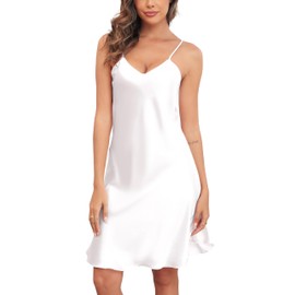 Sopesil Satin Nightdress Women's Sexy V-Neck Negligee Women's Babydoll Night Dress Summer Sleepwear Spaghetti Straps Sleepwear with S-3XL, White, S