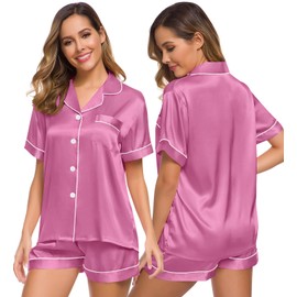 SWOMOG Womens Silk Satin Pajamas Set Short Sleeve Sleepwear Button Down Top and Shorts Loungewear 2 Piece Pjs Set XS-3XL Mauve Pink Medium