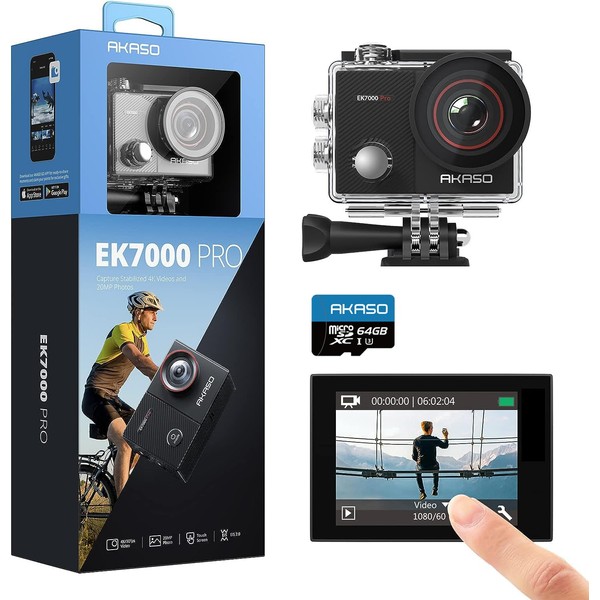 AKASO EK7000 Pro 4K Action Camera + 64 GB Memory Card, 20 Megapixels, Touch Panel Type, External Microphone Compatible, Image Stabilization, Built-in WIFI, Wide Angle Lens, Water Resistant to 156.4 ft
