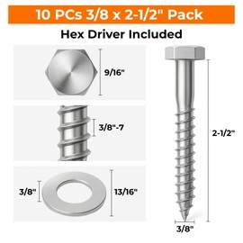 3/8" x 2-1/2" Hex Head Lag Bolts 10PCS Heavy Duty Lag Screws 304 Stainless Steel Wood Lag Screw Commercial/Industrial Grade Bolt
