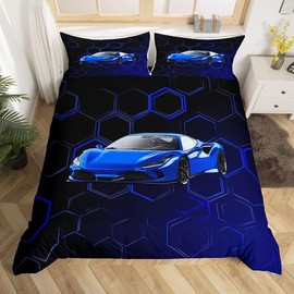 Loussiesd Blue Race Car Duvet Cover Set Double Size For Kids Boys Teens Bedroom Geometric Honeycomb Bedding Set Hexagonal Speed Sports Car Comforter Cover with 2 Pillowcases