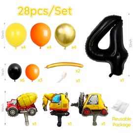 Construction Birthday Balloons 4 Year Old, Number Foil Decoration Balloons Construction Themed Decorations and Party Favor for Boys Construction Birthday Party (Number 4)