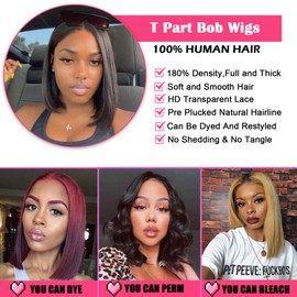ManeMajesty 12 Inch Bob Wig Human Hair Straight T Part Lace Front Wig Wear and Go Pre-cut Glueless Lace Frontal Wig 100% Human Hair 10A Short Straight Wigs for Black Women Natural Color