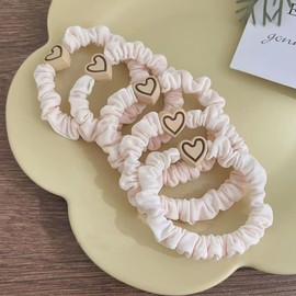 5 Pcs Satin Hair Scrunchies,Love Design Silk Hair Ties for Women Girls Hair Accessories Gift, Hair Tie Elastic Ponytail Holders Elastic Hair Bands for Girls Thick Thin Curly Straight Hair (Beige)