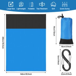 Beach Blanket Picnic Blanket, Beach Picnic Mat with Practical Carabiner 140x200cm, Sandproof Waterproof Beach Blanket Mats, Lightweight Foldable Beach Mat for Camping, Travel, Hiking, Picnic (Blue)