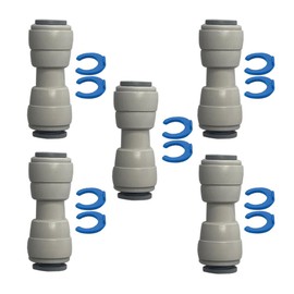 1/4" OD Straight Union, DUAL O-RING, 5-Pack, Quick Connect, Push Fit Water Tube Fitting for RO Reverse Osmosis, Water Filter, Plumbing Connections - With Locking Clips