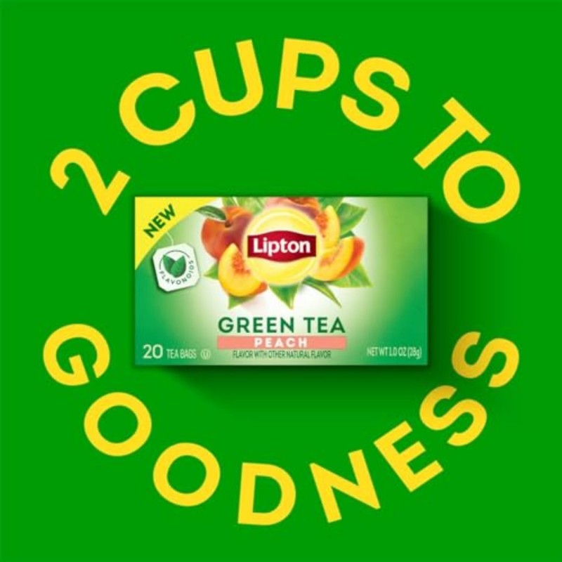 Lipton Peach Green Tea Bags, Flavored, Unsweetened Teabags for Hot
