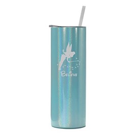 20 oz Skinny Tall Tumbler Stainless Steel Vacuum Insulated Travel Mug Cup With Straw Fairy Believe (Light Blue Iridescent Glitter)