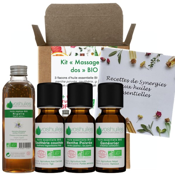VOSHUILES - Back Massage Kit - 3 Essential Oils + 1 Organic Plant - 100% Pure and Natural - HEBBD, Ecocert - Lying Gaultheria, Peppermint, Juniper, Nigella - Massage - 3 x 10 ml, 1 x 50 ml