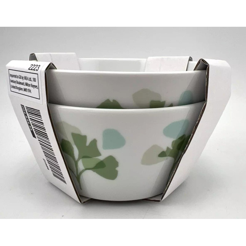 IKEA Stilenlig Set/2 Bowls White w/ Green Leaf Pattern Feldspar