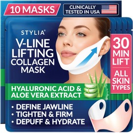 Stylia V Line Lifting Collagen Mask - Lift, Firm & Contour Jawline - Double Chin Reducer Strap with Hyaluronic Acid & Aloe - Neck Tightening and Lifting Mask - Jawline Shaper Face Lift Tape (10PC)