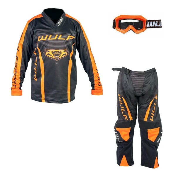 Kids Motorbike Motocross Suit and Goggles Orange - Wulf Linear Junior Off Road Jersey and Trouser Enduro Quad Dirt Pit Bike BMX Sports Kart ATV MX Kit (Orange, TOP: 11-13 years PANT: 28 inches)