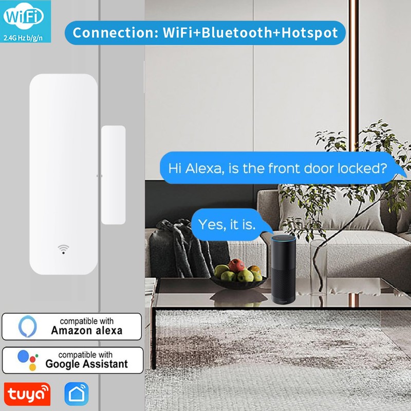 WLAN-Türsensor, intelligenter Tür-Fenstersensor, kabelloser Fenstersensor, Echtzeit Alarm, kompatibel mit Alexa,
