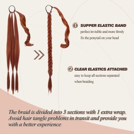 BARSDAR 2PCs 30 Inch Long Braided Ponytail Extension - Sleek Wrap Around Copper Red Braid Ponytail Hair Extensions with Hair Tie - Synthetic Pony Tails Hairpieces for Women - Copper Red