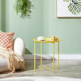 VECELO Side/End Table, Folding Round Metal Anti-Rust and Waterproof Outdoor or Indoor Tray for Living Room Bedroom Balcony and Office, 1 PCS,Yellow