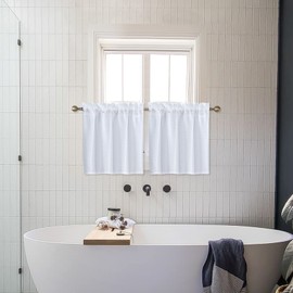 Home Queen White Water Resistant Bathroom Window Curtain, Waffle Textured Half Tier Curtains for Kitchen Cafe, 28" W X 24" L Inches, Set of 2